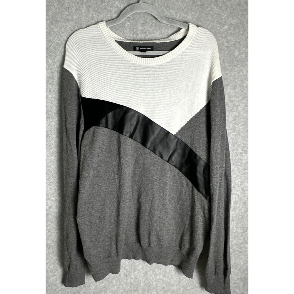 INC International Concepts Men's Gray White Black Faux Leather Long Sweater XL
